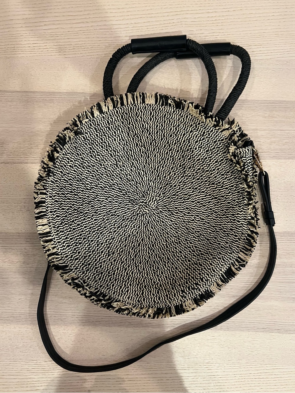 Round Black & Cream Woven Crossbody Bag